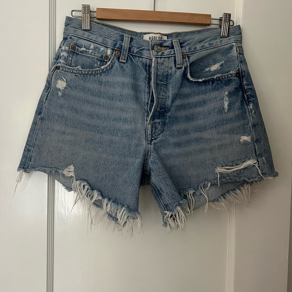 Agolde Blue Distressed Jean Shorts with Frayed Hem - Picture 1 of 5